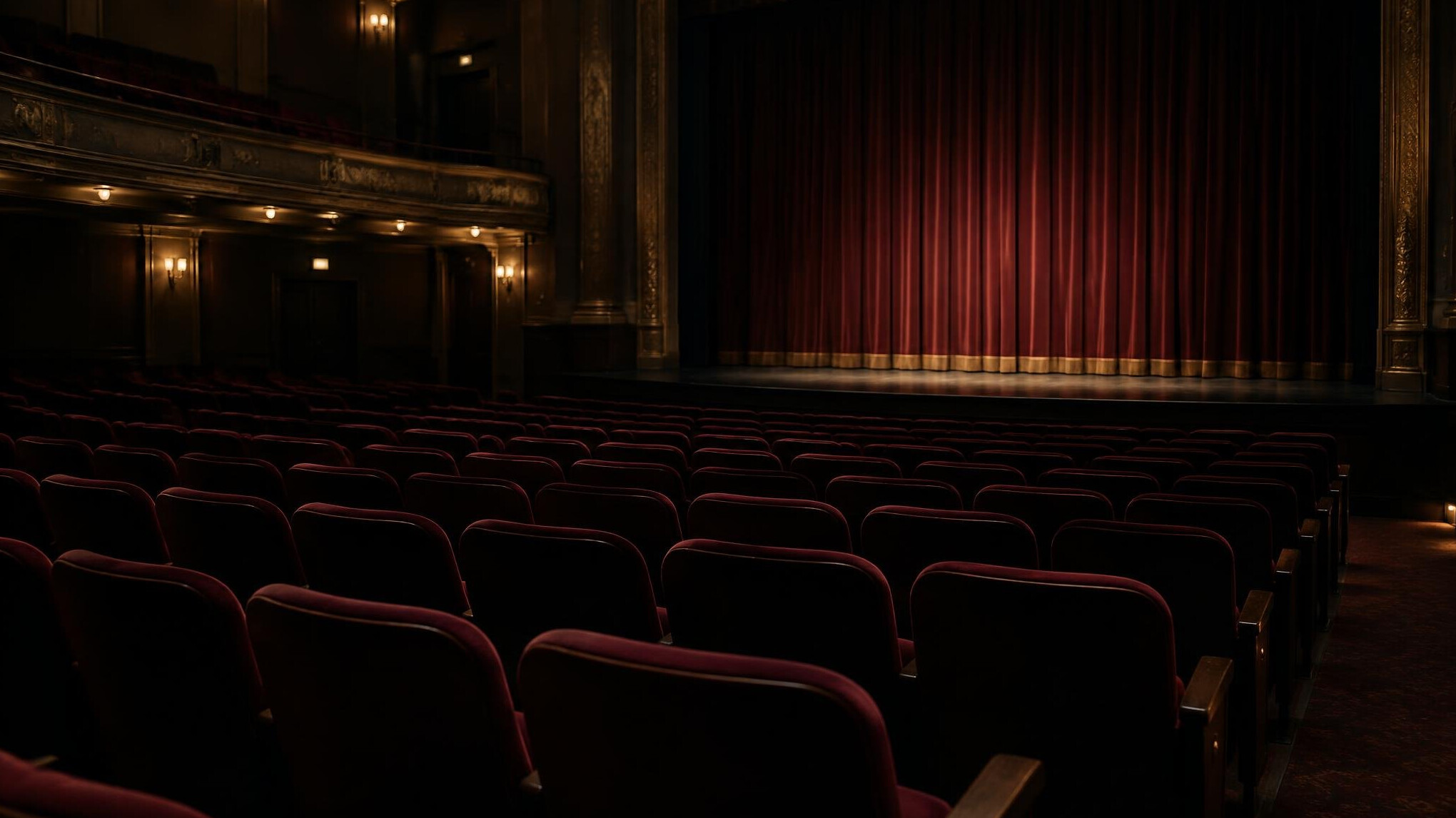 Rows of empty theatre seats in dim light